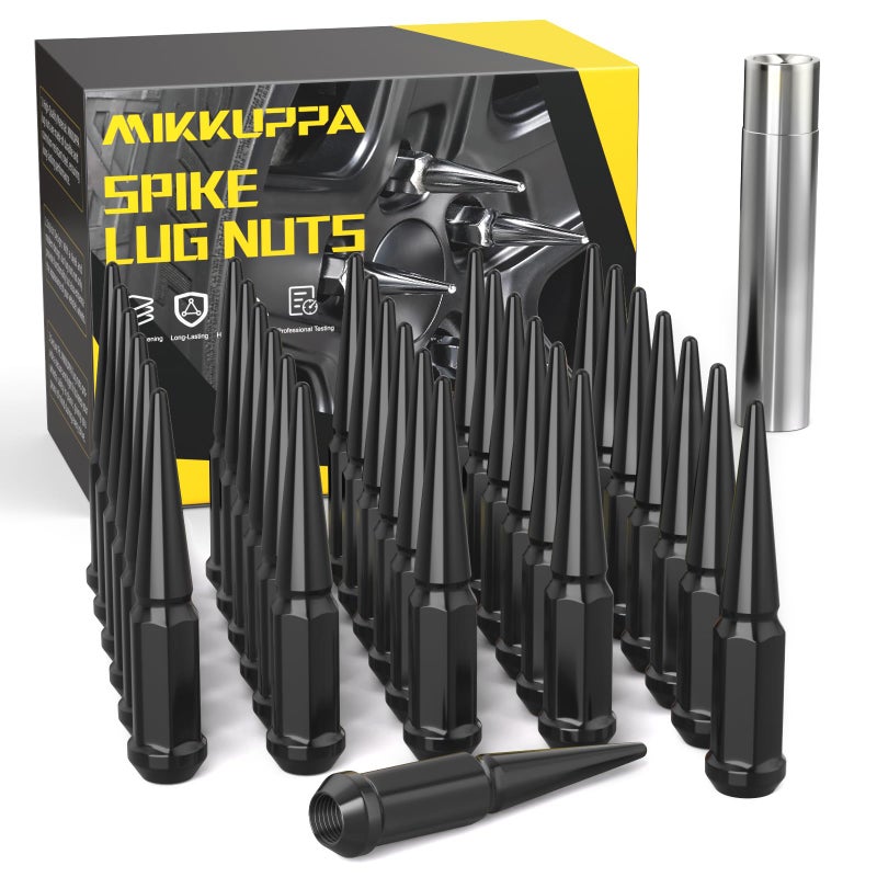 MIKKUPPA M14x1.5 Wheel Spike Lug Nuts  32 PCS Black Spiked 14mmx1.5 Solid 4.4"" Tall Acorn Lug Nuts with 1 Socket Key Replacement for Chevy Silverado 1500 2500 3500  F-150 F-250 F-350 - Image 1